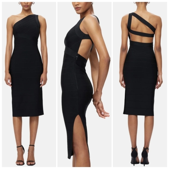 New Hervé Léger The Bella Asymmetrical Black Cocktail Party Midi Dress Small NWT - Picture 1 of 14